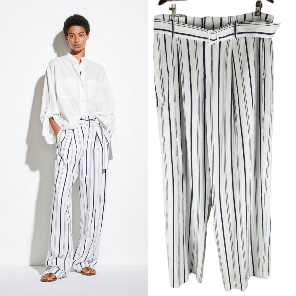 Vince Dobby Striped Wide Leg Belted Pants High Rise Pleated White SIze 16
